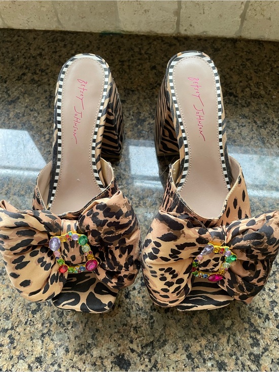 Betsey Johnson Shoes - Betsey Johnson Possie Leopard Bow Slide Mules with Gem Accents, Size 11